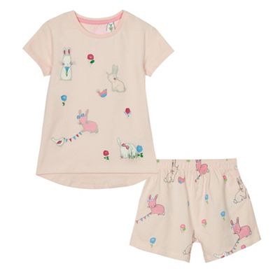 Girls' pink bunny applique pyjama top and shorts